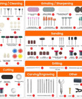 Heavy Duty 448 Piece Rotary Tool Accessory Kit With Sleek Carry Case, 1 8 Inch Universal Bits, Cordless Power Tool Built Strong For Sanding Polishing Engraving, Plug And Play 2000 Mah Battery accessory components layout showing various polishing, sanding, cutting, and drilling tools.