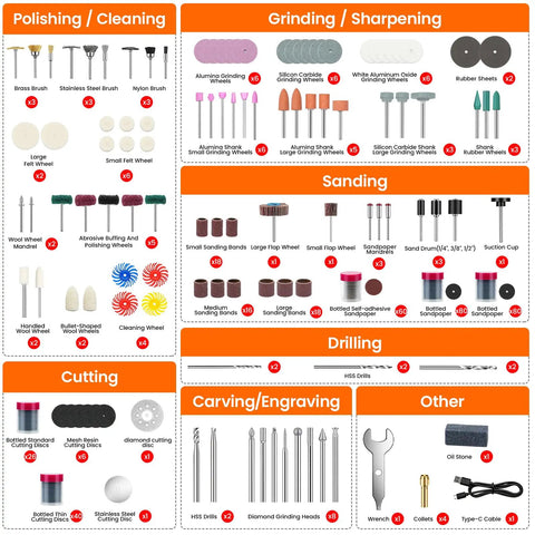 Heavy Duty 448 Piece Rotary Tool Accessory Kit With Sleek Carry Case, 1 8 Inch Universal Bits, Cordless Power Tool Built Strong For Sanding Polishing Engraving, Plug And Play 2000 Mah Battery accessory components layout showing various polishing, sanding, cutting, and drilling tools.