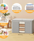 Foldable Metal Frame Storage Bins Set For Clothes And No Fuss Organization, 100L Each, 3 Pack, holding various items like bedding and toys.