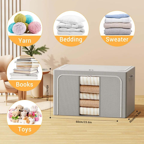 Foldable Metal Frame Storage Bins Set For Clothes And No Fuss Organization, 100L Each, 3 Pack, holding various items like bedding and toys.