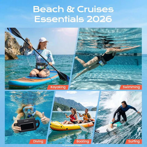 Beach and cruises showing two pack waterproof fanny pack with IPX8 dry belt during kayaking, swimming, diving, boating, surfing