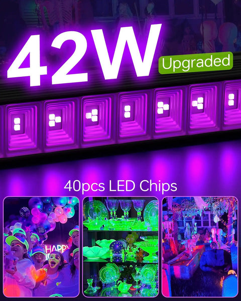 Two Pack 36W Black Light Bar Kit With Plug And Switch 5ft Cord 180 Degree Beam Covers Up To 22x22 Feet 385 400nm UV Glow display