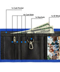 Open view of Kids Wallet Kid Friendly With RFID Protection For Boys And Girls Large Capacity Trifold Wallet With Zipper Coin Pocket showcasing card slots, cash pocket, keychain, and ID window in red.
