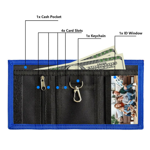 Open view of Kids Wallet Kid Friendly With RFID Protection For Boys And Girls Large Capacity Trifold Wallet With Zipper Coin Pocket showcasing card slots, cash pocket, keychain, and ID window in red.