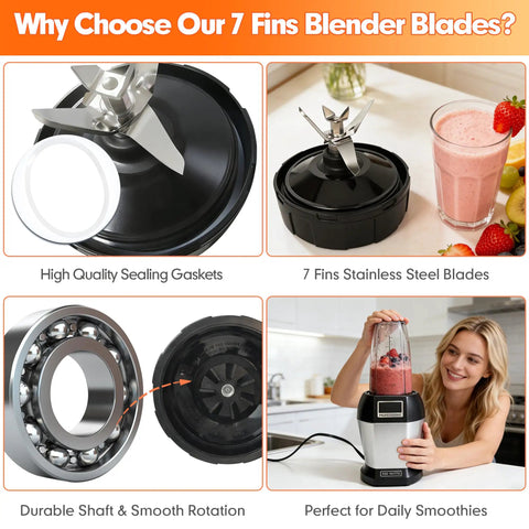 Collage of 7 Fins Extractor Blade Replacement Kit with gasket, blade, and smoothie on counter, fits Nutri Ninja Auto IQ models.