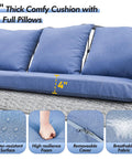 Wicker Porch Swing Three Seat Heavy Duty Outdoor Patio Chair With Cushions And 8.9 Ft Chains Upgraded Cup Holders close-up of blue cushions and pillows