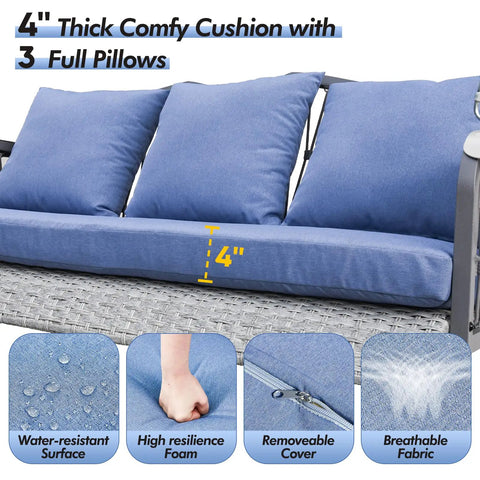 Wicker Porch Swing Three Seat Heavy Duty Outdoor Patio Chair With Cushions And 8.9 Ft Chains Upgraded Cup Holders close-up of blue cushions and pillows