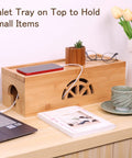 Extra Large Bamboo Cable Management Box With Lid For Cords And Power Strips Or Surge Protectors on desk with devices