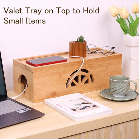 Two Piece Bamboo Cable Organizer Box Set Large And Small Hide Wires And Power Strips Under Desk Or TV Stand Cord Management Box showing bamboo box with charging phone and glasses on top valet tray.