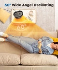 Powerful 1500W Portable Space Heater With 60 Degree Oscillation For Indoor Use on table beside woman sleeping on sofa