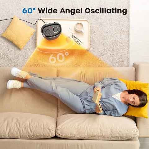 Powerful 1500W Portable Space Heater With 60 Degree Oscillation For Indoor Use on table beside woman sleeping on sofa