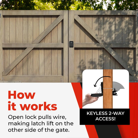 No Fuss Heavy Duty Keyless Gate Lock With Real Two Way Access Fence Latch Straight Up Easy Install For Wood Or Vinyl Home Security Badass Theft Protection Foolproof Two Pack on wooden gate.