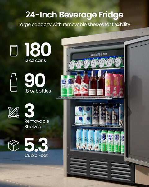 180 Can Beverage Refrigerator With Under Counter Design 24 Inch Outdoor Fridge In Black Stainless Steel Built In Or Freestanding 3 Slide Out Shelves With Five Adjustable Heights Perfect For Patio Outdoor Kitchen Beer And Soda Storage open with drinks visible