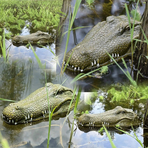 2.4 GHz Remote Control Alligator Head Boat With Realistic Resin Build, floating in a pond, crocodile decoy amid grass