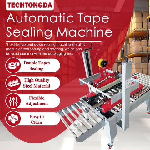 Fast As Heck Automatic Tape Sealer For Boxes continuous carton packing machine featuring dual tape sealing and adjustable steel build.