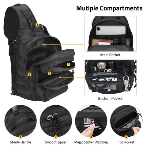 Tactical Sling Bag For Men Detachable Water Bottle Holder MOLLE Backpack With Hidden Pocket EDC Day Pack with multiple compartments.