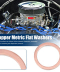 20 Pack Solid Copper Flat Washers Sealing Gasket Rings For M14 Bolts displayed over an engine, showcasing precision cut and heavy duty design.