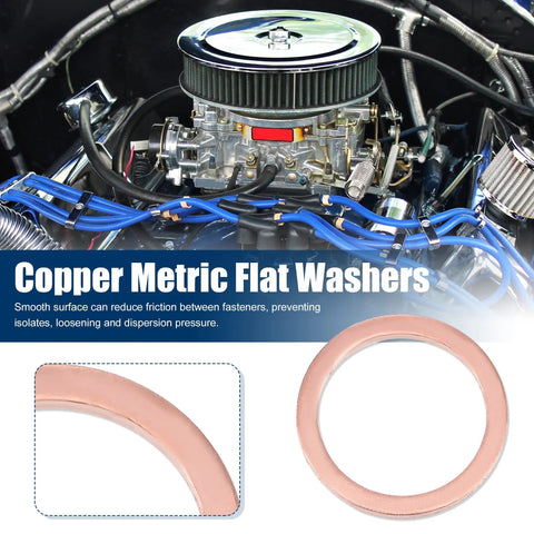 20 Pack Solid Copper Flat Washers Sealing Gasket Rings For M14 Bolts displayed over an engine, showcasing precision cut and heavy duty design.