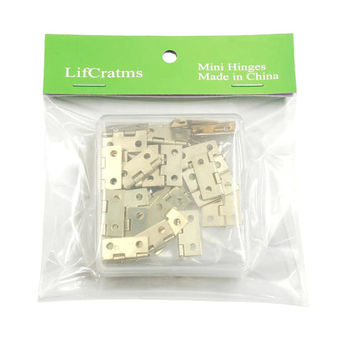Nifty Mini Brass Hinges 18 X 15 Mm Bulk Pack Of 30 Rock Solid Vintage Hardware in clear packaging.