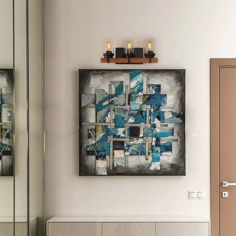 Three Light Dope Vintage Wood Wall Mount Sconce With Bubble Glass Shade above modern abstract wall art in hallway