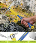 Two Piece Garden Hoe Tools Set With 15.7 Inch Stainless Steel Cultivator Tiller And Pick Mattock Hoe shown in use on rocky ground