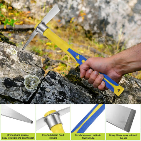Two Piece Garden Hoe Tools Set With 15.7 Inch Stainless Steel Cultivator Tiller And Pick Mattock Hoe shown in use on rocky ground