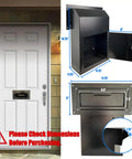 Rock Solid Through Door Drop Box with dimensions near a white door, made of black galvanized steel, ideal for secure rent and package handling.