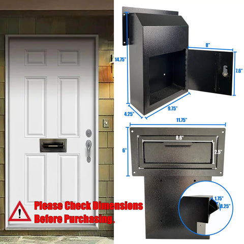 Rock Solid Through Door Drop Box with dimensions near a white door, made of black galvanized steel, ideal for secure rent and package handling.