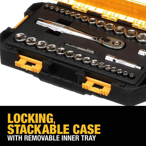 Boss 34 Piece Socket Set with Quarter Inch and Three Eighth Inch Drives in Locking Stackable Case with Removable Inner Tray display