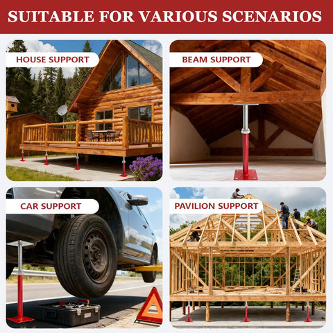 Heavy Duty 4 Pack House Floor Jacks For Leveling 11 To 16 Inch Height Adjustable Screw Jacks shown in various support scenarios.