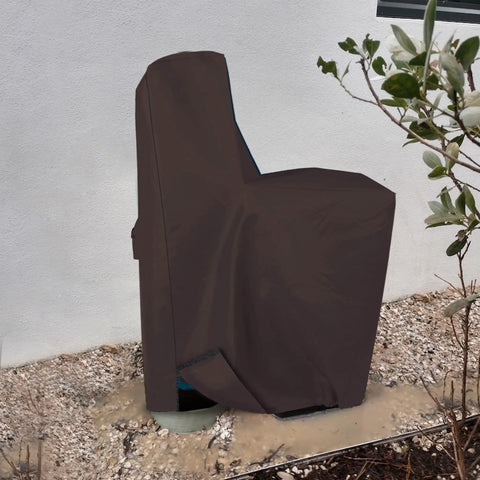 Heavy Duty 1000D Water Softener Tank Cover Outdoor Insulated Weatherproof Tear Resistant Filter Housing Shell With Grip Handle Secure Zippers Ventilated Coffee Fits 64x40x16 in brown covering a water softener tank.