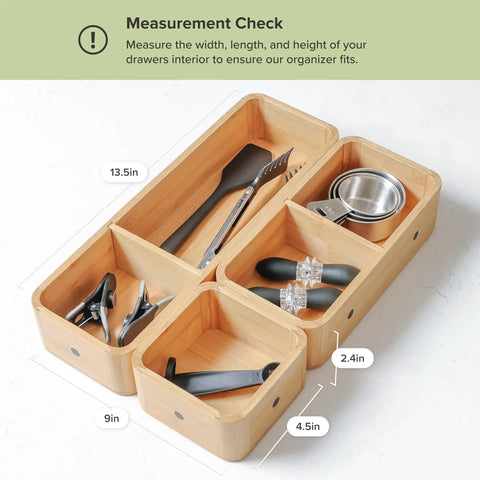 Modular Bamboo Drawer Organizer Set With Magnetic Containers And Removable Inserts, showcasing cutlery and measuring cups