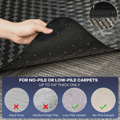 Close-up of 48 By 30 Inch Chair Mat For Low Carpet Floors with 0.2 inch spikes showing anti-slip design on low-pile carpet.