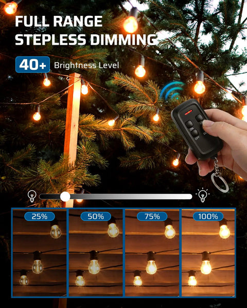 Person using remote to adjust Outdoor Dimmable String Light Dimmer With 100 Foot Control Range Weatherproof 125V Dimmer Switch