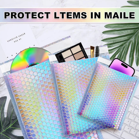Metallic Holographic Bubble Mailers Set Of Fifty In Three Size Options With Waterproof Self Seal Adhesive Foil Glitter Shipping Bags