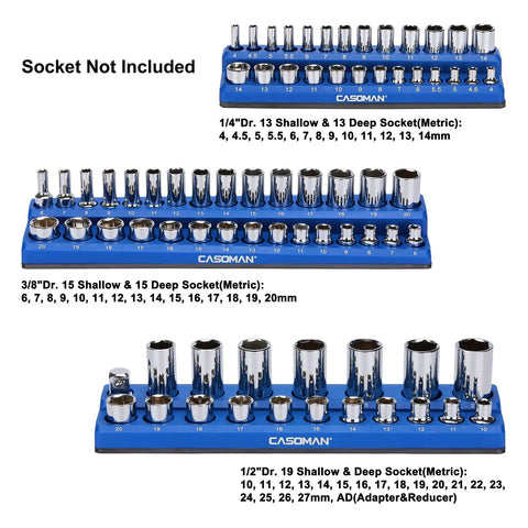 Magnetic Socket Organizer Kit Three Piece For Half Inch, Three Eighths Inch, And Quarter Inch Drive Sockets Holds 75 Metric