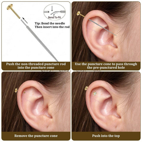 Gold Zircon Nose Studs 20 Piece Set Dope Threadless Flat Back Nose Jewelry 18G 20G With Tapered Insertion Pin shown in use on ear