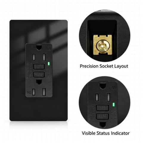 Sleek Black GFCI Outlet 15 Amp GFI Electrical Receptacle with precision socket layout and visible status indicator.