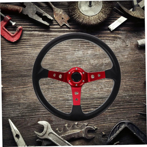 Racing Steering Wheel 14 Inch Aluminum PU Drift Style With Horn Button in red on wooden background with tools around