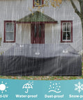 Heavy Duty Waterproof Patio Furniture Cover For Outdoor Tables And Chairs, 110 Inch Long, 84 Inch Wide, 28 Inch High, 500D PU Coated Grey protecting furniture from rain outside a house.