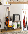 Vintage Brown Guitar Amp Stand With Double Rack For Acoustic Electric Bass And Ukulele Storage Holder Heavy Duty Floor Stand with guitars and amp.