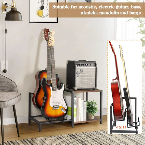Vintage Brown Guitar Amp Stand With Double Rack For Acoustic Electric Bass And Ukulele Storage Holder Heavy Duty Floor Stand with guitars and amp.