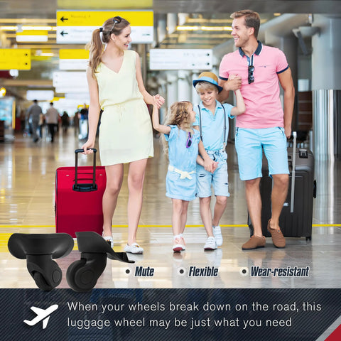 Family traveling with suitcases featuring 2 Pack Luggage Wheels Replacement For Suitcase Roller Trolley Caster Set Includes Screws Not Universal Check Wheel Shape Size And Hole Pitch To Ensure Precise Fit And Smooth Rolling For Travel Luggage In Cars Airports And On Bumpy Roads