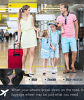 Family smiling with suitcases in airport, highlighting 4 Pack Luggage Replacement Wheels Set with Screws for Suitcase Roller Trolley Casters