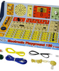 Hands On 130 In 1 Electronic Playground And Learning Center For Beginners with wires, circuits, speaker, and control panel.