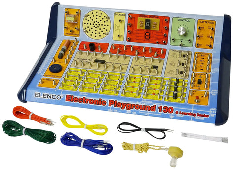Hands On 130 In 1 Electronic Playground And Learning Center For Beginners with wires, circuits, speaker, and control panel.