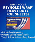 Reynolds Wrap heavy duty foil sheets box with features: easy dispensing, perfectly sized, and durable strength for grilling.