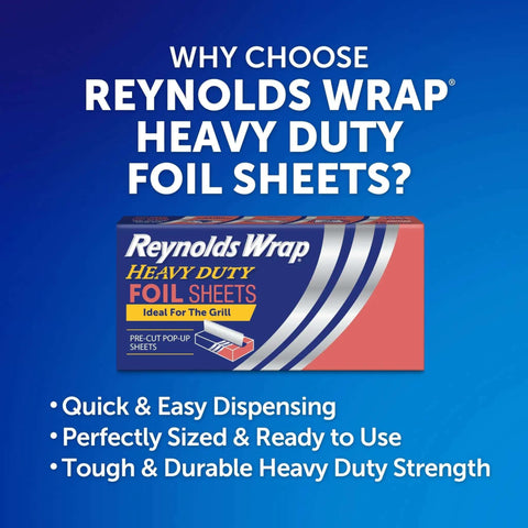 Reynolds Wrap heavy duty foil sheets box with features: easy dispensing, perfectly sized, and durable strength for grilling.