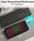 Top Tier Mechanical Gaming Keyboard With Glowing LCD Screen And Control Knob Triple Mode Wireless Gasket Mount Hot Swappable Linear Red Switches For Your Sick Gamer Rig, 75% compact layout, includes 81 keys.