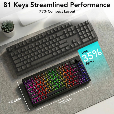 Top Tier Mechanical Gaming Keyboard With Glowing LCD Screen And Control Knob Triple Mode Wireless Gasket Mount Hot Swappable Linear Red Switches For Your Sick Gamer Rig, 75% compact layout, includes 81 keys.